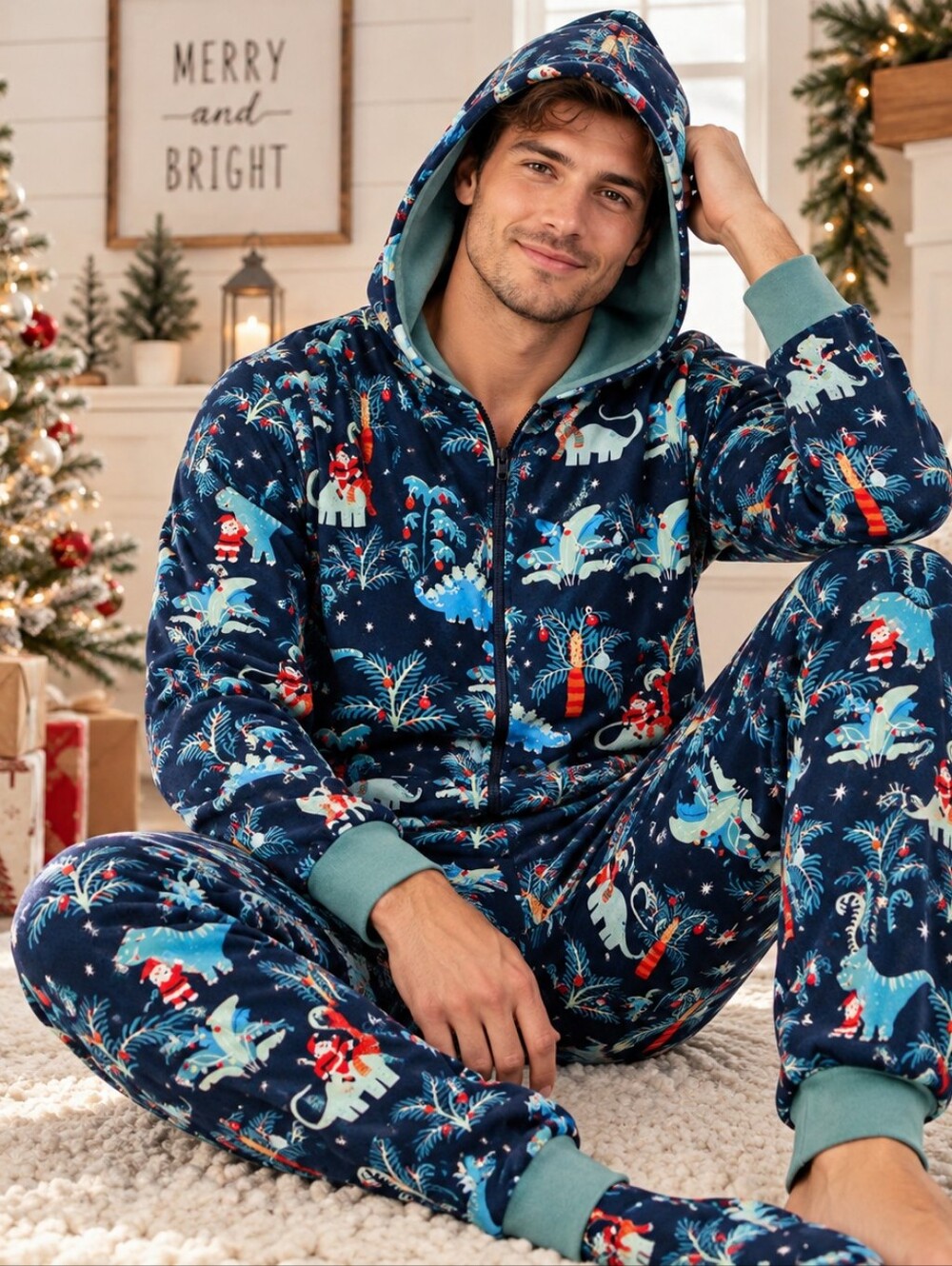 Men’s Large Christmas Dinosaur Santa Hooded One Piece Pajamas Holiday PJs Onesie